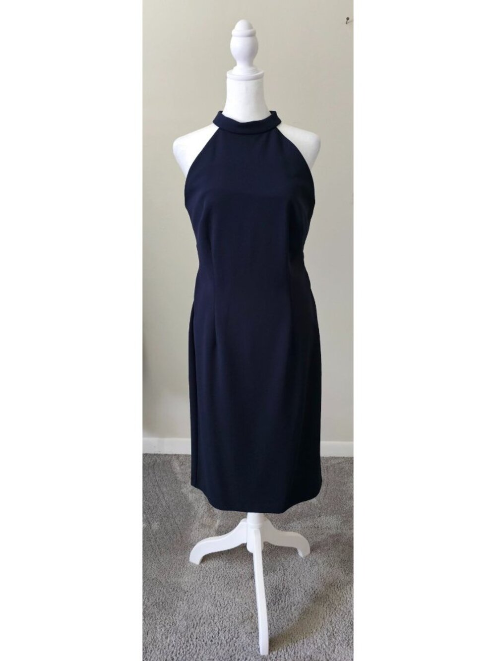 Alex & Eve Navy Halter Midi Dress Ruffle Back Gold Zipper 10 Evening Wedding